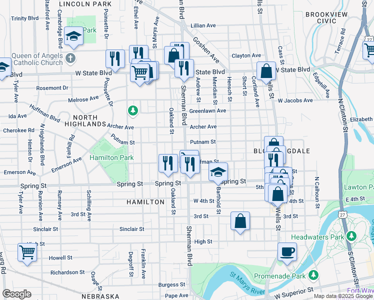 map of restaurants, bars, coffee shops, grocery stores, and more near 1724 Lincoln Highway in Fort Wayne