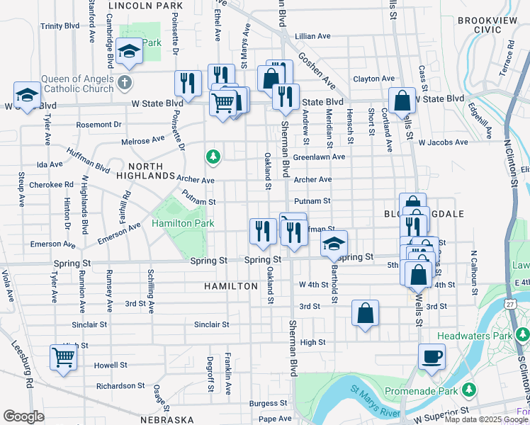 map of restaurants, bars, coffee shops, grocery stores, and more near 1721 Oakland Street in Fort Wayne