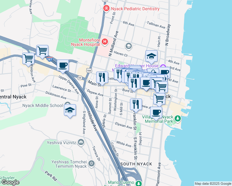 map of restaurants, bars, coffee shops, grocery stores, and more near Washington St & Jackson Ave in Nyack
