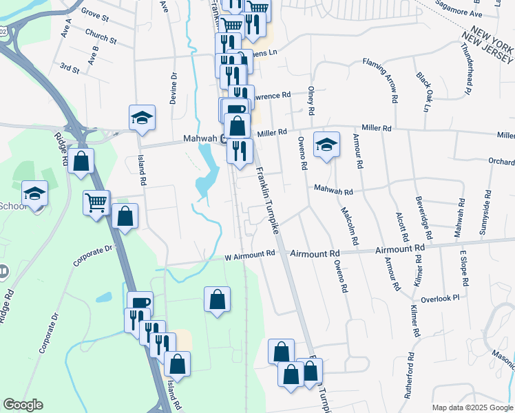 map of restaurants, bars, coffee shops, grocery stores, and more near 250 East Franklin Turnpike in Mahwah