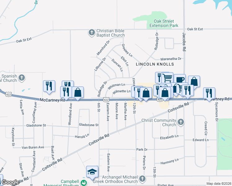 map of restaurants, bars, coffee shops, grocery stores, and more near 33 Wilmette Lane in Youngstown
