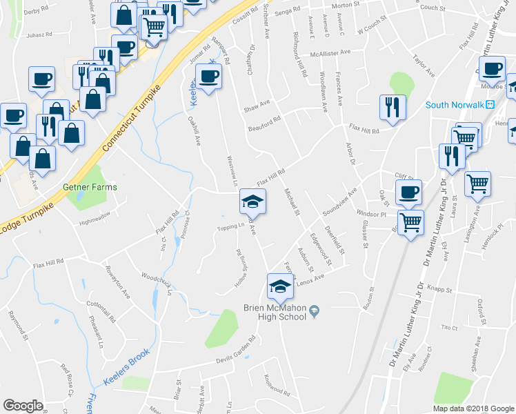 map of restaurants, bars, coffee shops, grocery stores, and more near 8 Meredith Court in Norwalk