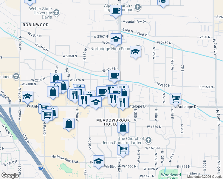 map of restaurants, bars, coffee shops, grocery stores, and more near 2111 North Hill Field Road in Layton