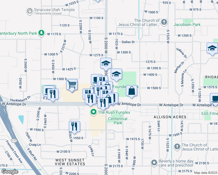 map of restaurants, bars, coffee shops, grocery stores, and more near 1573 South 2000 West in Syracuse