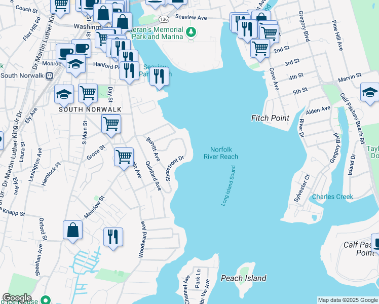 map of restaurants, bars, coffee shops, grocery stores, and more near 40 Shorefront Park in Norwalk