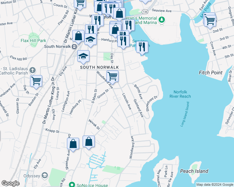 map of restaurants, bars, coffee shops, grocery stores, and more near 62 Woodward Avenue in Norwalk