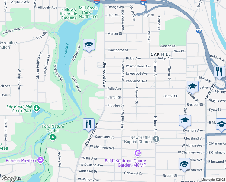 map of restaurants, bars, coffee shops, grocery stores, and more near 539 Falls Avenue in Youngstown