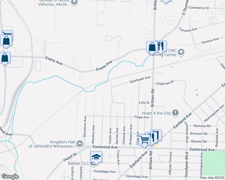 map of restaurants, bars, coffee shops, grocery stores, and more near 995 Caddo Avenue in Akron