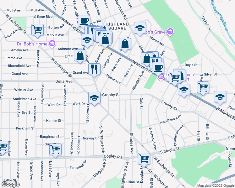 map of restaurants, bars, coffee shops, grocery stores, and more near 131 Beck Avenue in Akron
