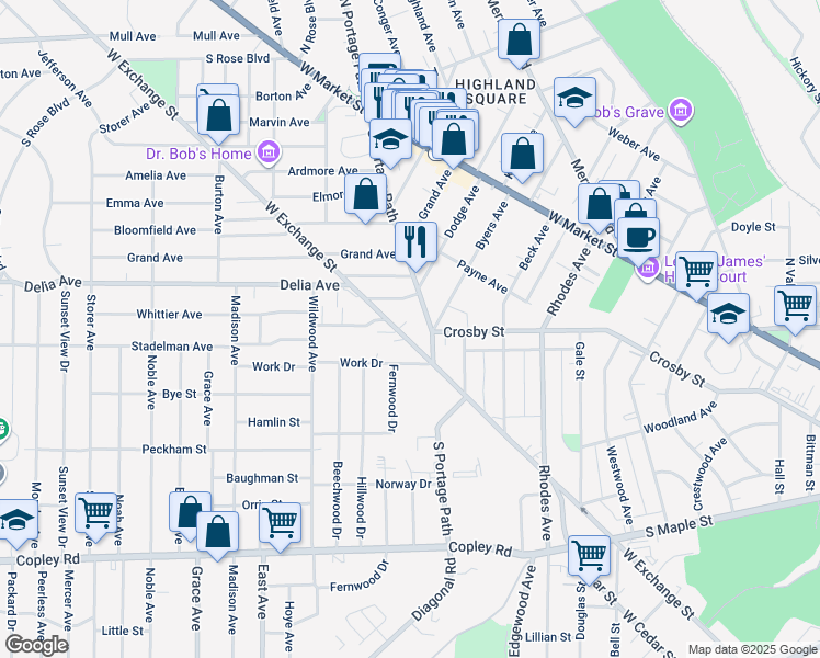 map of restaurants, bars, coffee shops, grocery stores, and more near 816 West Exchange Street in Akron