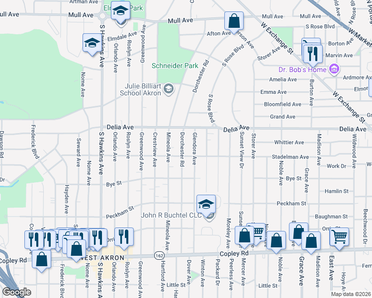 map of restaurants, bars, coffee shops, grocery stores, and more near 478 Dorchester Road in Akron
