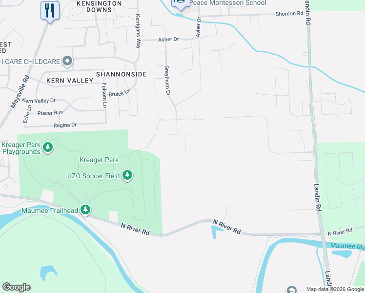 map of restaurants, bars, coffee shops, grocery stores, and more near 1500 Greythorn Drive in Fort Wayne