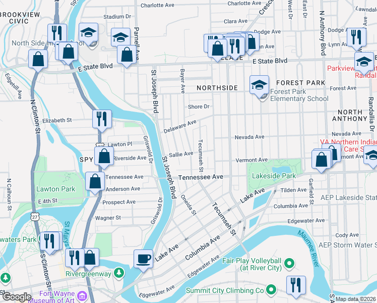 map of restaurants, bars, coffee shops, grocery stores, and more near 1023 Sallie Avenue in Fort Wayne