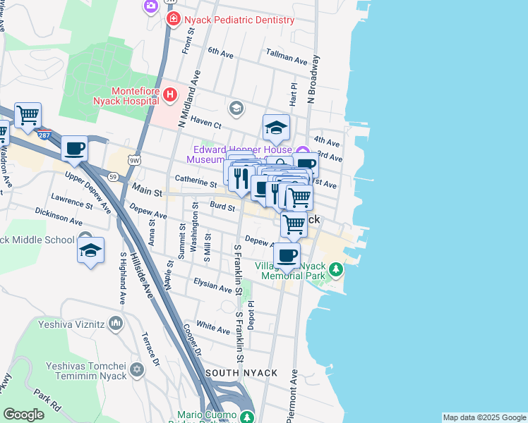 map of restaurants, bars, coffee shops, grocery stores, and more near 117 Main Street in Nyack