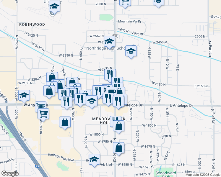 map of restaurants, bars, coffee shops, grocery stores, and more near 2127 North Hill Field Road in Layton