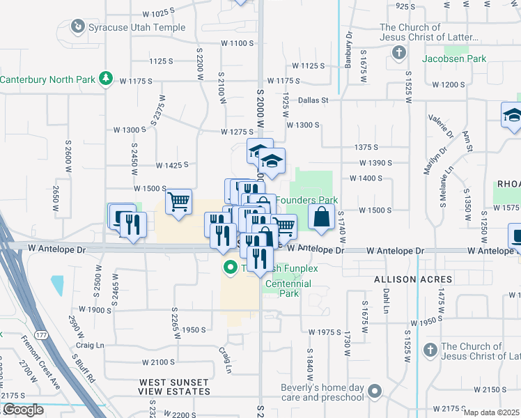 map of restaurants, bars, coffee shops, grocery stores, and more near 1450 South 2000 West in Syracuse