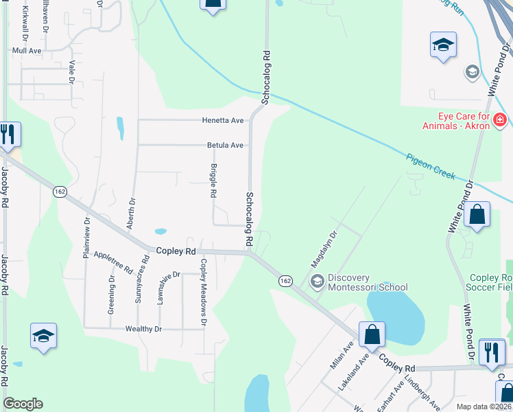 map of restaurants, bars, coffee shops, grocery stores, and more near 1219 Schocalog Road in Akron
