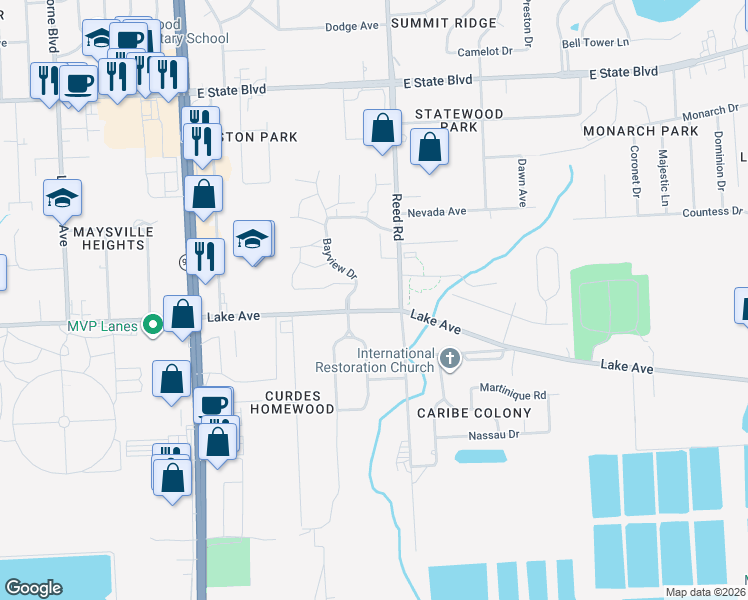 map of restaurants, bars, coffee shops, grocery stores, and more near 4631 Lake Avenue in Fort Wayne
