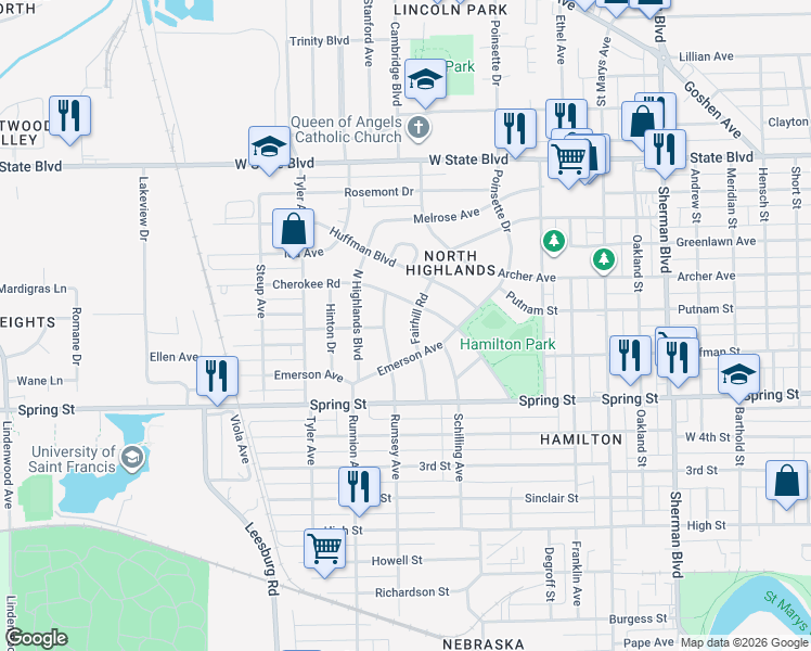 map of restaurants, bars, coffee shops, grocery stores, and more near 1701 Fairhill Rd in Fort Wayne