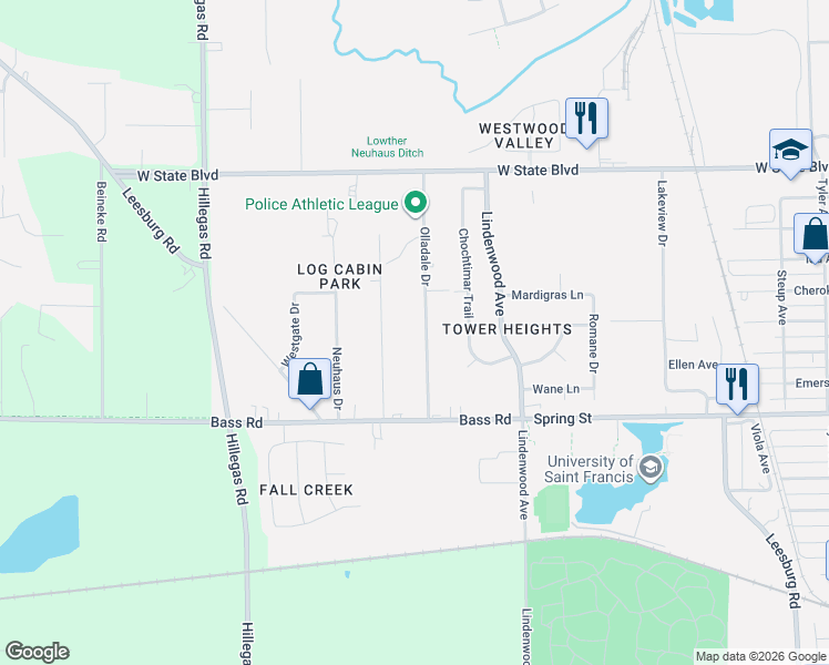 map of restaurants, bars, coffee shops, grocery stores, and more near 1743 Olladale Dr in Fort Wayne