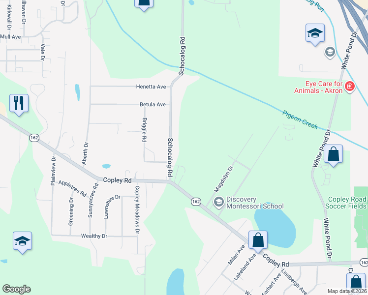 map of restaurants, bars, coffee shops, grocery stores, and more near 1219 Schocalog Road in Akron
