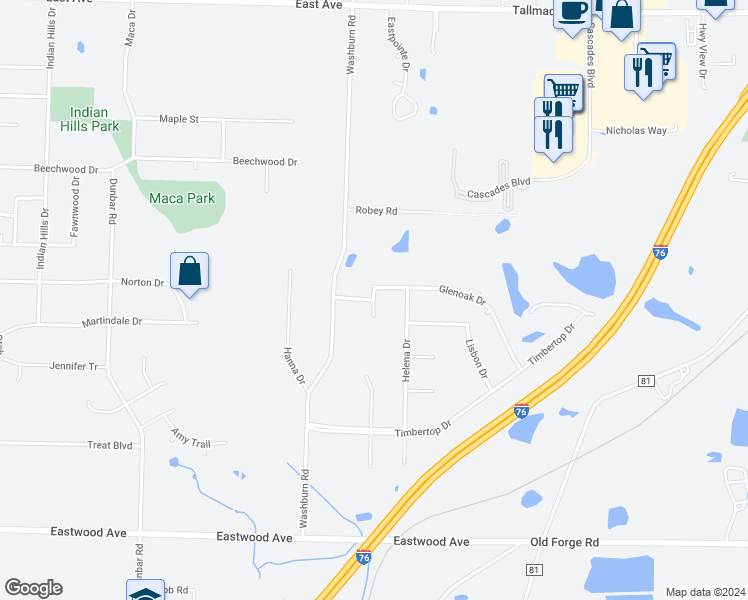 map of restaurants, bars, coffee shops, grocery stores, and more near 11801 Pine Valley Drive in Tallmadge