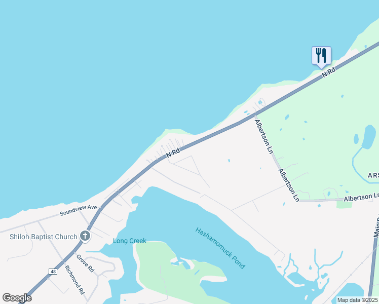 map of restaurants, bars, coffee shops, grocery stores, and more near 455 Stony Shore Drive in Southold