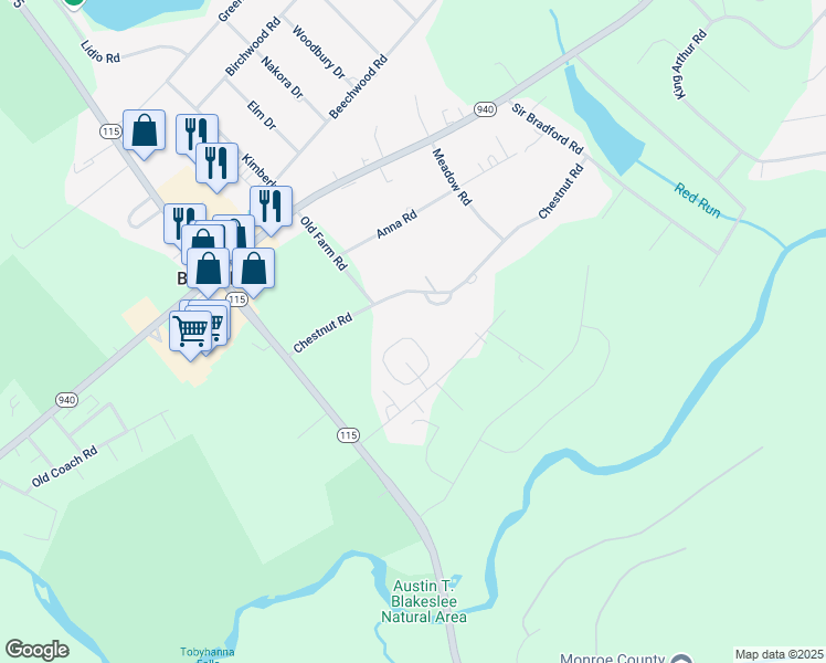 map of restaurants, bars, coffee shops, grocery stores, and more near 37 Camp Stead Circle in Blakeslee