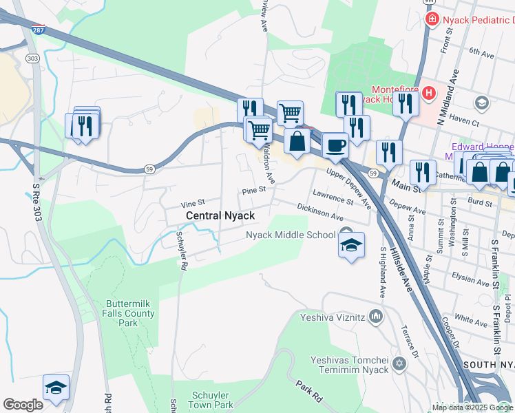 map of restaurants, bars, coffee shops, grocery stores, and more near 17 Waldron Avenue in Nyack