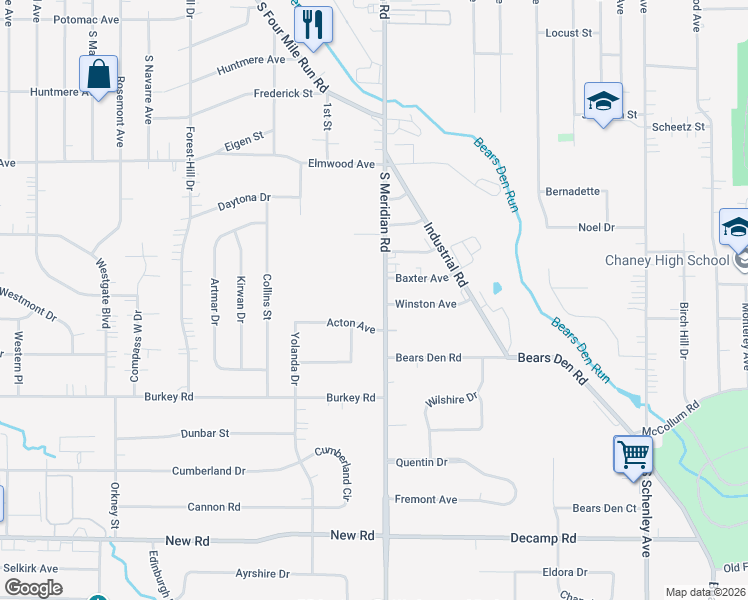 map of restaurants, bars, coffee shops, grocery stores, and more near 902 South Meridian Road in Youngstown