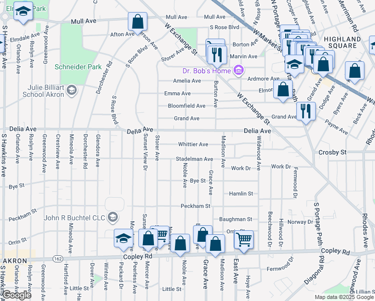 map of restaurants, bars, coffee shops, grocery stores, and more near 239 Noble Avenue in Akron