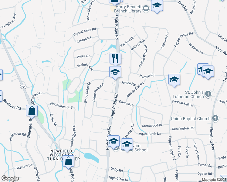 map of restaurants, bars, coffee shops, grocery stores, and more near 572 High Ridge Road in Stamford