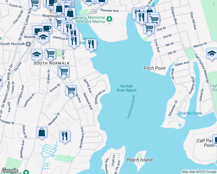 map of restaurants, bars, coffee shops, grocery stores, and more near 40 Shorefront Park in Norwalk