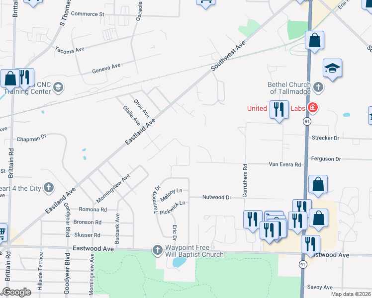 map of restaurants, bars, coffee shops, grocery stores, and more near 1202 Morningview Avenue in Akron