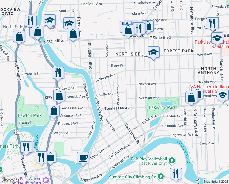 map of restaurants, bars, coffee shops, grocery stores, and more near 1023 Sallie Avenue in Fort Wayne