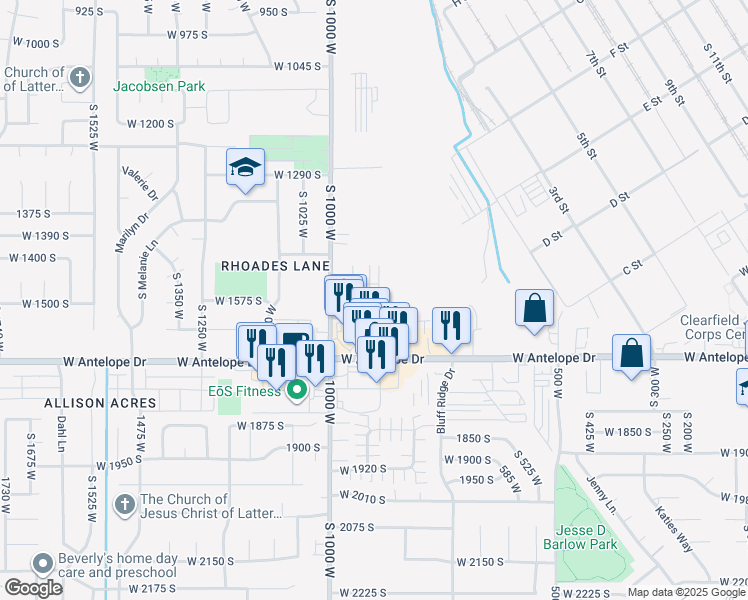 map of restaurants, bars, coffee shops, grocery stores, and more near 1553 South 900 West in Clearfield
