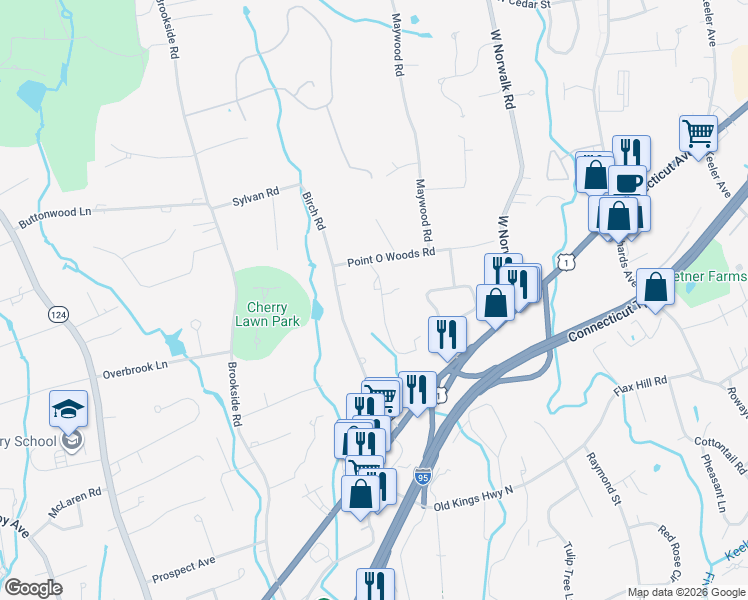 map of restaurants, bars, coffee shops, grocery stores, and more near 10 Point O Woods Road South in Darien
