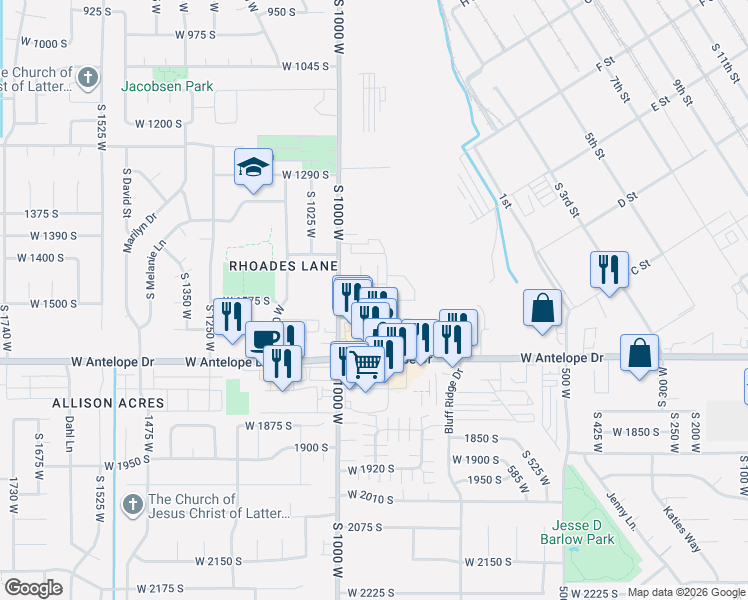 map of restaurants, bars, coffee shops, grocery stores, and more near 1551 South 920 West in Clearfield