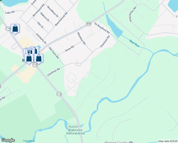 map of restaurants, bars, coffee shops, grocery stores, and more near Ash Street in Blakeslee