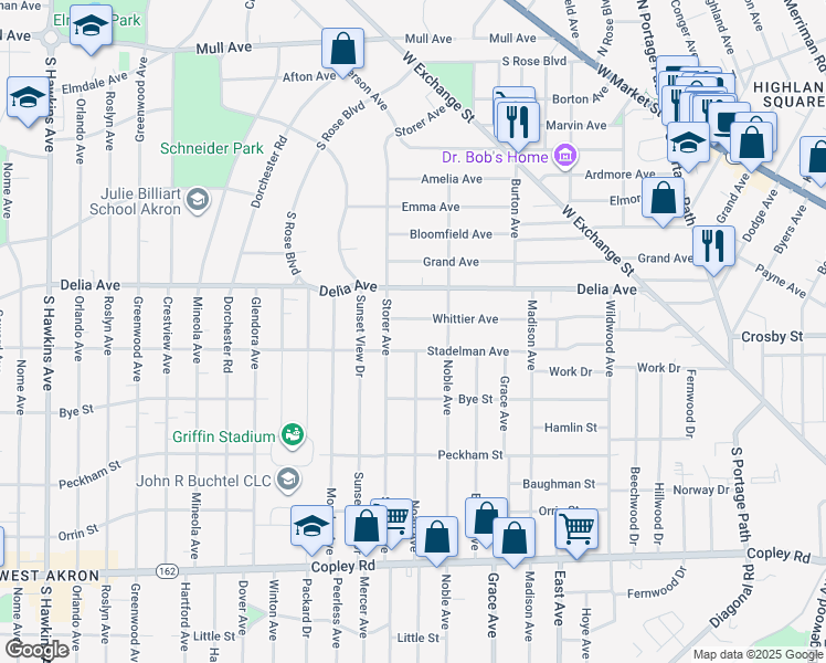 map of restaurants, bars, coffee shops, grocery stores, and more near 415 Storer Avenue in Akron