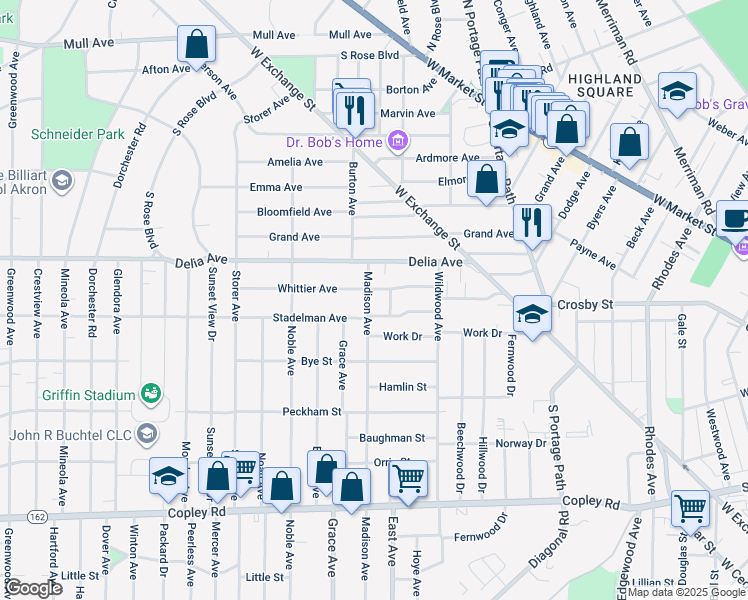 map of restaurants, bars, coffee shops, grocery stores, and more near 257 Madison Avenue in Akron