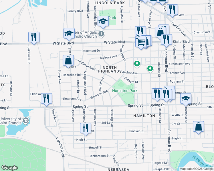 map of restaurants, bars, coffee shops, grocery stores, and more near 1607 Cherokee Road in Fort Wayne