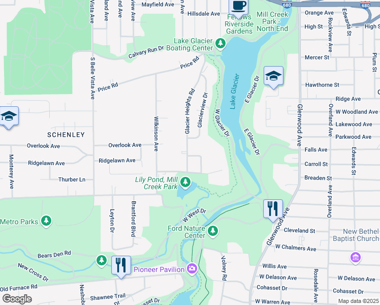 map of restaurants, bars, coffee shops, grocery stores, and more near 811 Glacier Heights Road in Youngstown