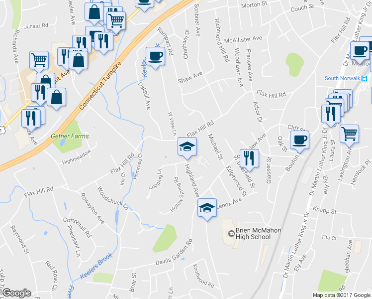 map of restaurants, bars, coffee shops, grocery stores, and more near 1 Meredith Court in Norwalk