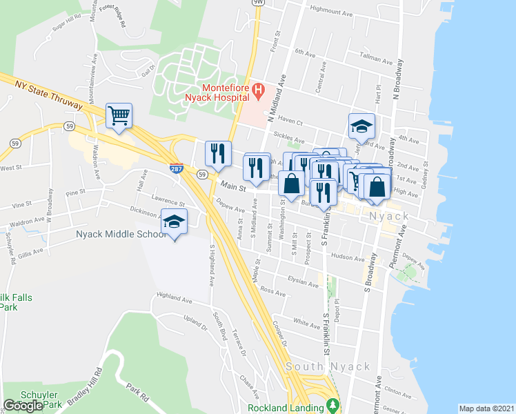 map of restaurants, bars, coffee shops, grocery stores, and more near 19 South Midland Avenue in Nyack