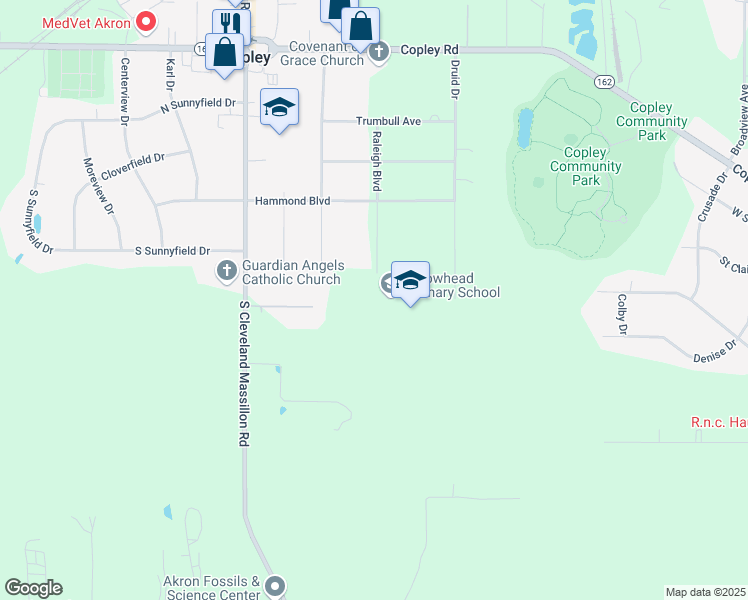 map of restaurants, bars, coffee shops, grocery stores, and more near 1600 Raleigh Boulevard in Akron