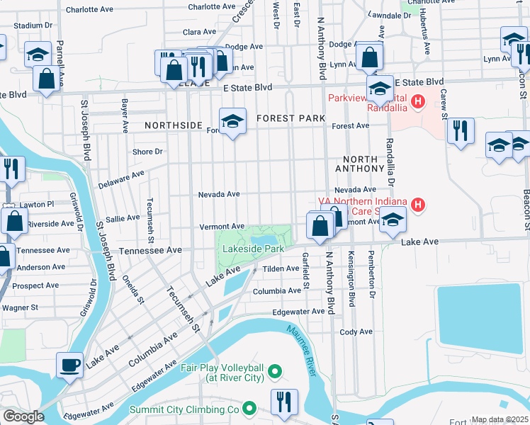 map of restaurants, bars, coffee shops, grocery stores, and more near 1620 Florida Drive in Fort Wayne