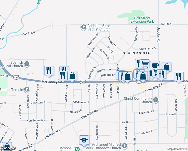 map of restaurants, bars, coffee shops, grocery stores, and more near 26 Whitman Lane in Youngstown