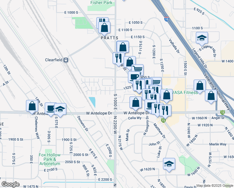 map of restaurants, bars, coffee shops, grocery stores, and more near 1583 South 1000 East in Clearfield