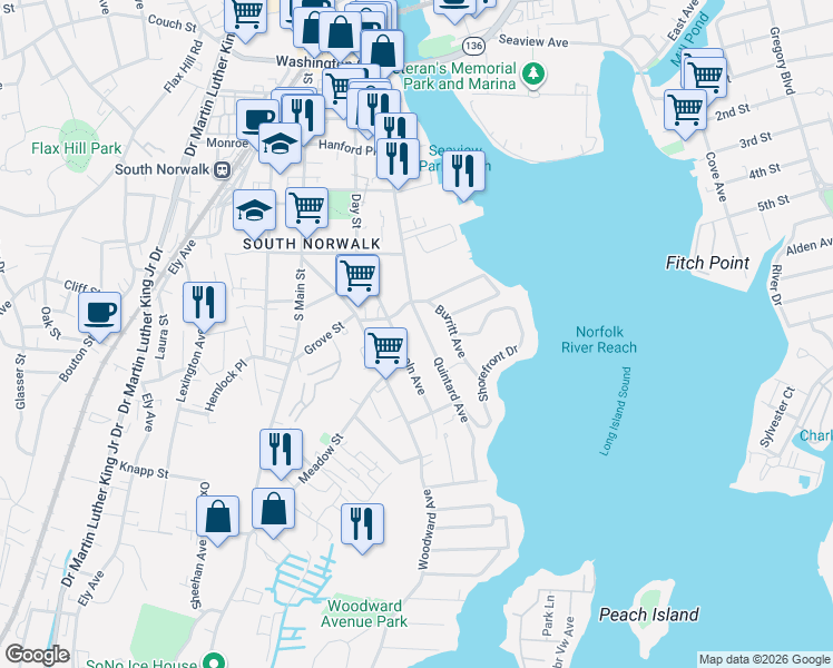 map of restaurants, bars, coffee shops, grocery stores, and more near 13 Quintard Avenue in Norwalk